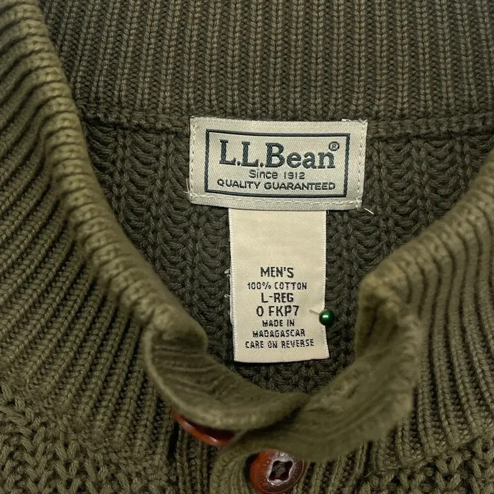 LL BEAN Sweater Mens L Henley Half Button Ribbed Pullover Heavy Cotton Green